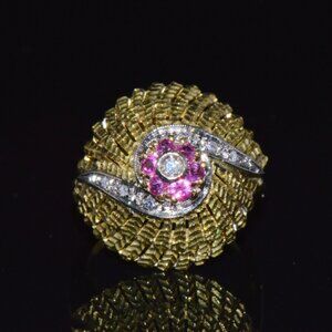 Vintage Natural .50Cts VS G Diamond Ruby 18K Solid Gold 2 Tone Bombay Dome Ring